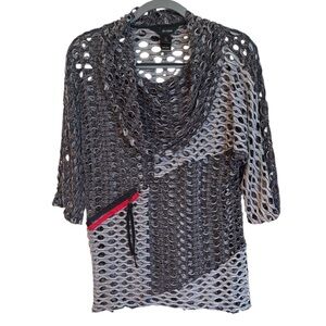 ALI MILES Womens Gray Silver Mesh 3/4 Sleeves Contemporary Cowl Neck Tunic Sz PM